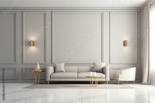 Modern living room interior  stylish light grey sofa  lots of cushion pillows  generative AI