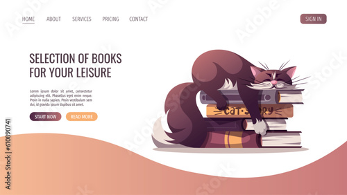 Cute cat lying in the books. Reading books, studying, book lover concept. Vector illustration for poster, banner, website.