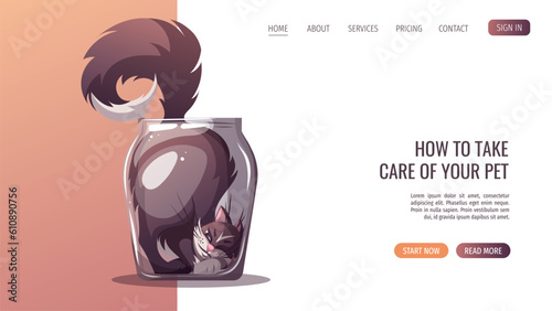 Funny cat in the glass jar. Pet, kitty, domestic life, animal concept. Vector illustration for poster, banner, website.