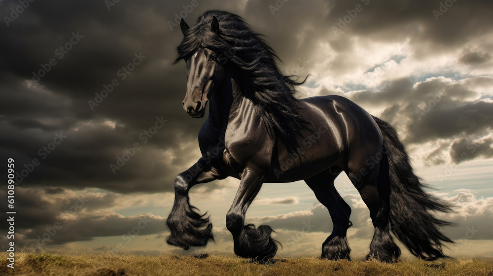 Graceful black horse with luxurious mane looks at camera standing on dark background. Portrait generative AI