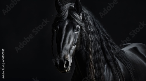 Graceful black horse with luxurious mane looks at camera standing on dark background. Portrait of elegant animal posing for photo generative AI