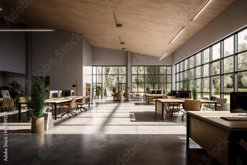 modern office with wood and wood panels 3d render  in the style of soft-edged  minimalist monochromes