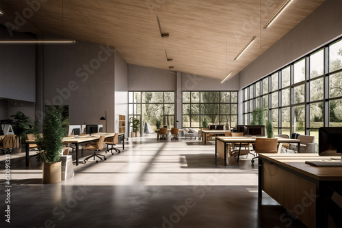 modern office with wood and wood panels 3d render, in the style of soft-edged, minimalist monochromes