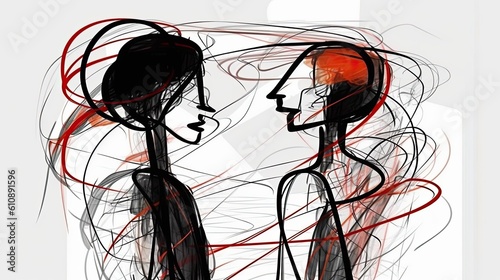 Abstrakt illustration of intrapersonal conflict, in line art style. Concept of mental illness, mental health. 