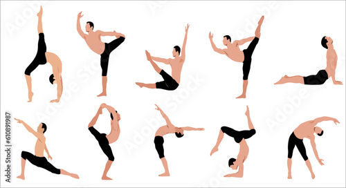 Set of young man doing yoga. Set of  young people doing sports outdoor. Concept of healthy and active lifestyle, confidence with sports and workouts. Regular physical activity. Vector illustration. 