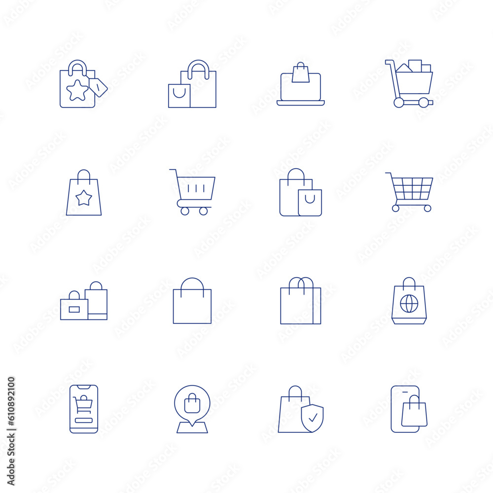 Shopping line icon set on transparent background with editable stroke. Containing shopping bag, shopping, online payment, trolley cart, shopping bags, shopping cart, online shop, location pin.