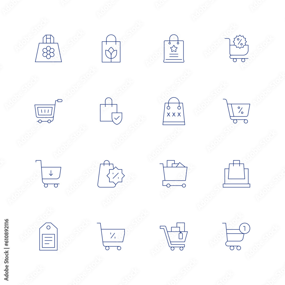 Shopping line icon set on transparent background with editable stroke. Containing shopping bag, shopping cart, shopping online, online shopping, shopping tag, shopping.