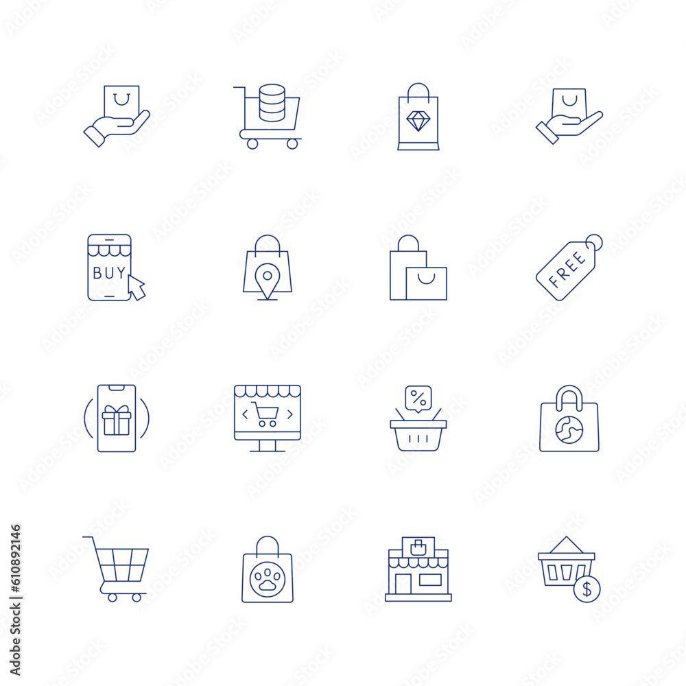 Shopping line icon set on transparent background with editable stroke. Containing shopping, shopping cart, shopping bag, buy, free, loyalty, online shopping, shopping basket, pet shop, mall.