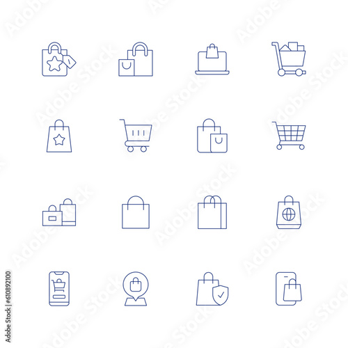 Shopping line icon set on transparent background with editable stroke. Containing shopping bag, shopping, online payment, trolley cart, shopping bags, shopping cart, online shop, location pin.