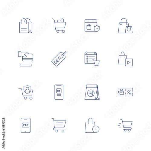 Shopping line icon set on transparent background with editable stroke. Containing shopping bag, shopping cart, window, credit card, deal, consumer, online shopping, takeaway, voucher, pay, shopping.