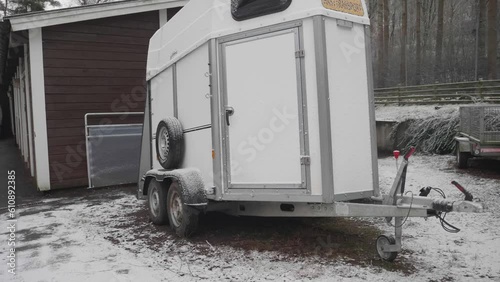 Horse trailer parked at winter, Dolly shot