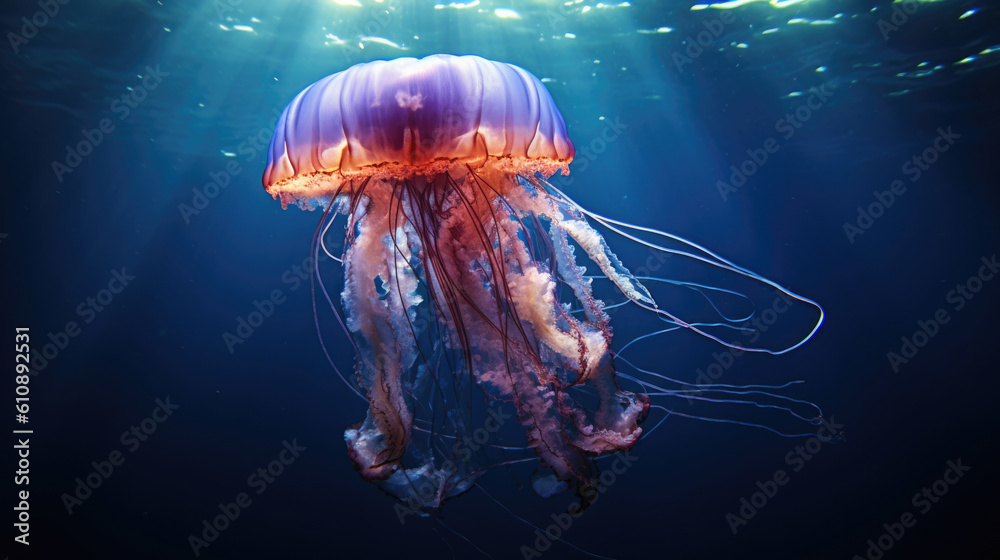 Colourful jellyfish with toxic tentacles swims in deep dark blue water illuminated with bright sun rays. Underwater marine life generative AI