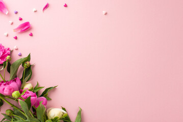Peony's beauty concept. Above view photo of empty space with bunch of bright pink and white peony flowers and buds with small confetti hearts on isolated pastel pink background with copy-space