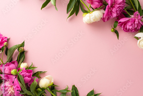 Tender peonies concept. Top view photo of empty space with bright pink and white peony flowers and buds on isolated pastel pink background with copy-space