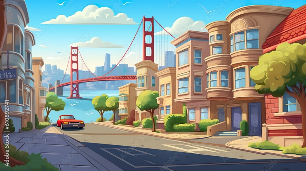 Naklejka premium Background San Francisco. An artistic illustration capturing the essence of San Francisco, featuring an abstract background and beautifully designed banners. Generative AI.