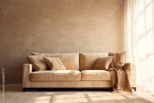 Cream Suede Leather Sofa with Brown Cushion and Blanket in Sunlight. Generative AI