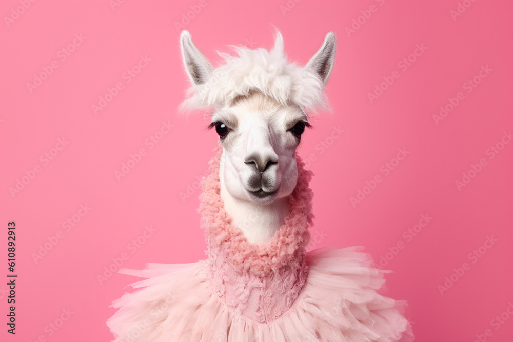 close up of white fluffy llama wearing a tulle skirt on a pink background created with AI generative tools