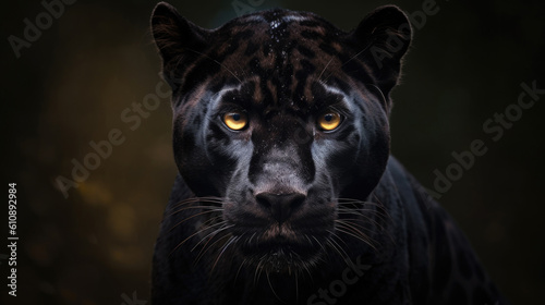 Black panther with bright yellow eyes looks in camera standing in wilderness. Portrait of wild animal on dark background generative AI
