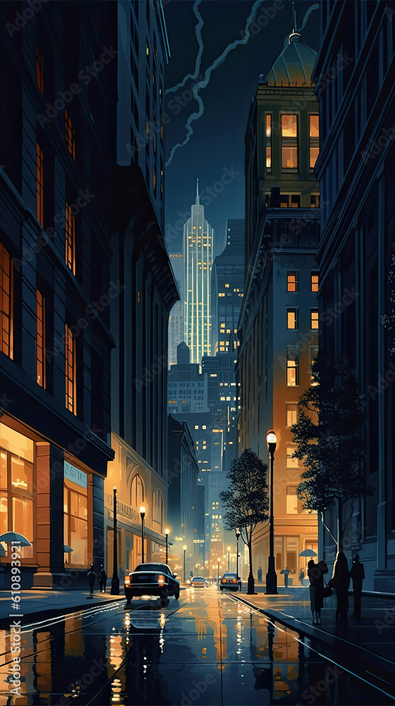 Buzzing Financial Hub Night Scene of Wall Street Illustration