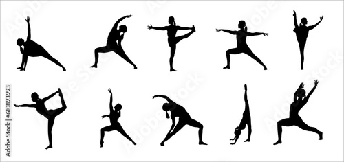 Woman silhouettes. Collection of yoga poses. Set of vector silhouette illustrations design isolated on white background. Healthy lifestyle.