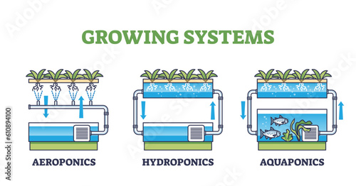 Aquaponics, hydroponics and aeroponics as growing systems outline diagram. Labeled list with various plant growth techniques vector illustration. Greenhouse agriculture methods for crop cultivation.