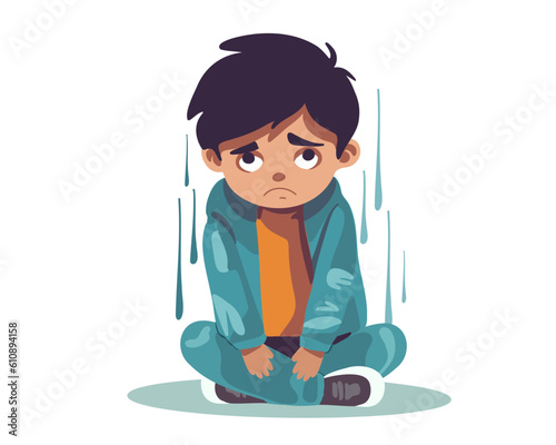 An upset boy sits on the floor. Flat vector illustration.