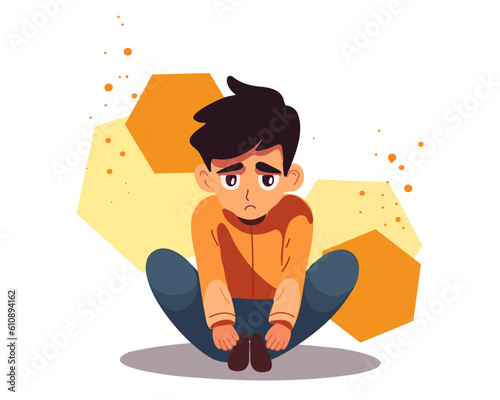 Teenager depression, problems, depressed unhappy boy sitting on floor. Kid character need professional psychological help, mental assistance. Cartoon vector illustration