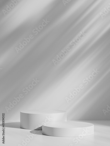 Simple white minimal background with product display platform. Empty studio with circle podium pedestal on a shadow backdrop.