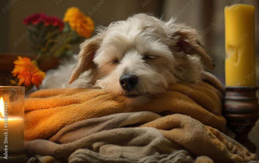 Relaxed Canine Beauty: Sleeping Havanese Dog in Spa Retreat. Generative AI Relaxed Canine Beauty: Sleeping Havanese Dog in Spa Retreat. Generative AI