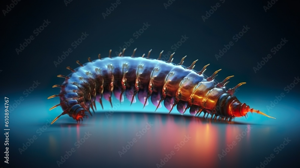 Abstract background with caterpillar in neon colors and close up view. Shiny worm, arthropod insect or bug larva, colorful modern wallpaper. Horizontal illustration for banner design. Generative AI. Abstract background with caterpillar in neon colors and close up view. Shiny worm, arthropod insect or bug larva, colorful modern wallpaper. Horizontal illustration for banner design. Generative AI.
