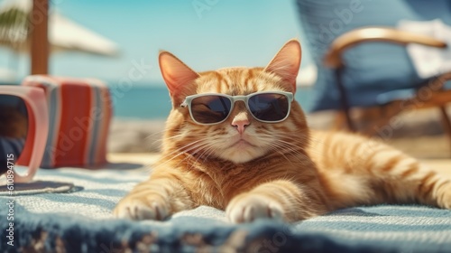 Abstract background with funny cat in sunglasses relaxing at sea beach. Orange kitty laying at sunbed. Summer vacation modern wallpaper. Horizontal illustration for banner design. Generative AI.