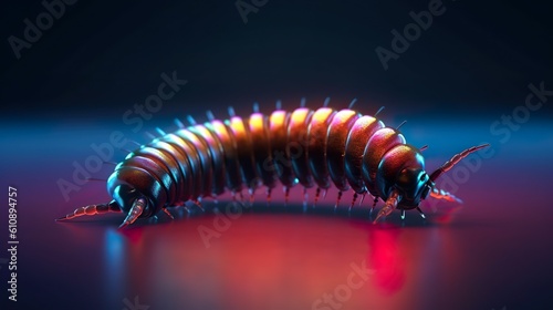 Abstract background with caterpillar with antennae in neon colors. Shiny worm, arthropod insect or bug larva in close up view wallpaper. Horizontal illustration for banner design. Generative AI. © NeuralStudio
