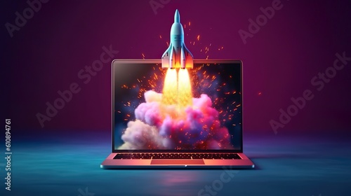 Abstract background with new business and startup project concept. Wallpaper with rocket fly with cloudy explosion from launching from laptop. Horizontal illustration for banner design. Generative AI.