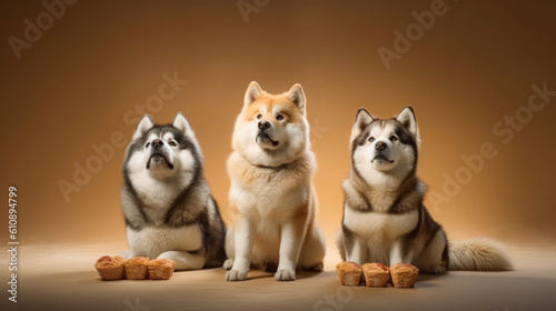 Studio Shot: Alaskan Malamute Dogs Showing Agility in Treat Catching. Generative AI