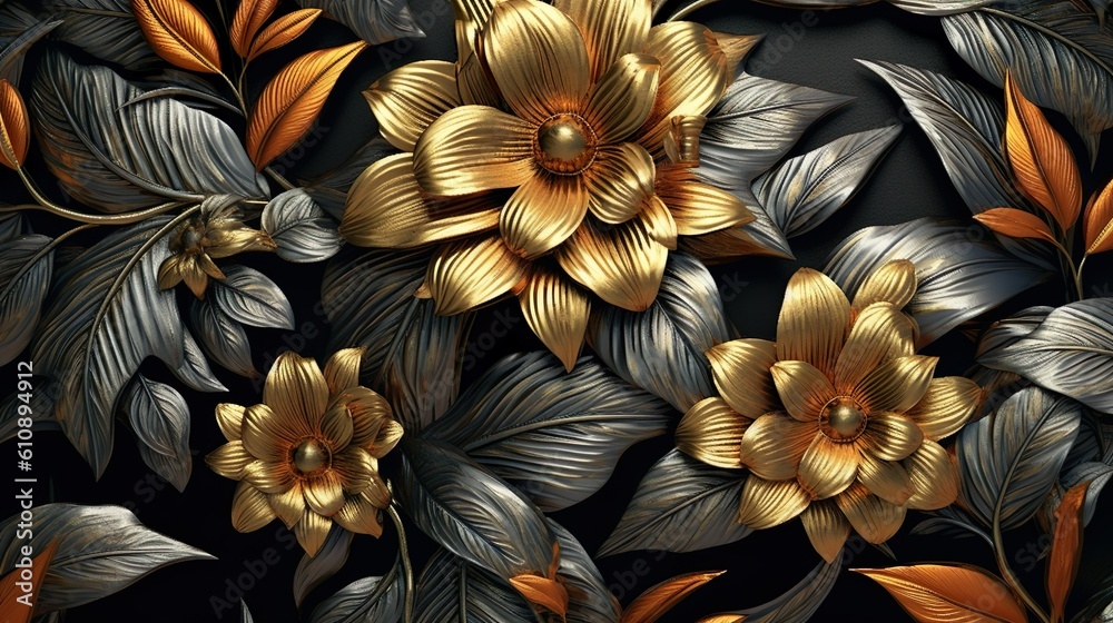 Abstract background with metallic golden flowers and black leaves at wires in close up. Vintage filigree floral decoration modern wallpaper. Horizontal illustration for banner design. Generative AI.