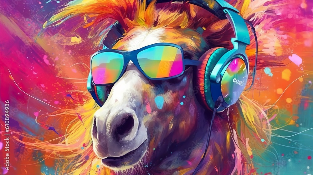 Abstract background with horse in headphones and sunglasses at colorful