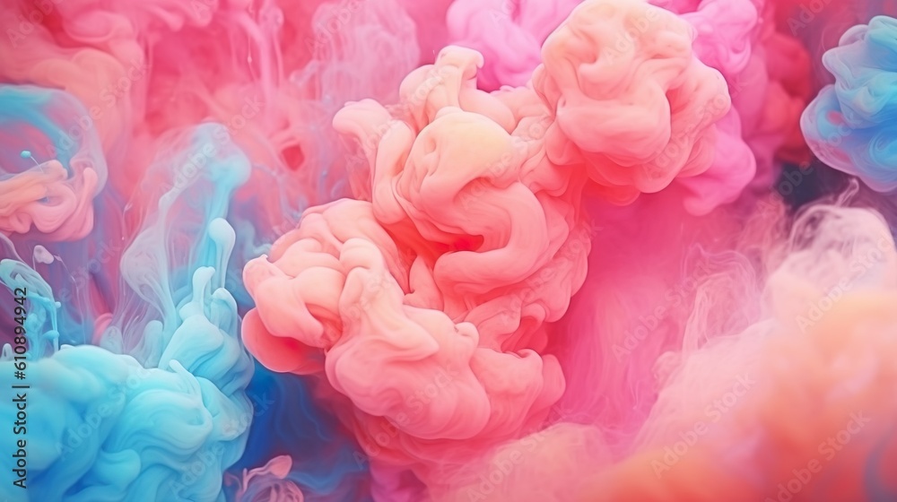 Abstract background with liquid painting ink waves in pink and blue colors flowing underwater. Watercolor pigments mixing artistic wallpaper. Horizontal illustration for banner design. Generative AI. Abstract background with liquid painting ink waves in pink and blue colors flowing underwater. Watercolor pigments mixing artistic wallpaper. Horizontal illustration for banner design. Generative AI.