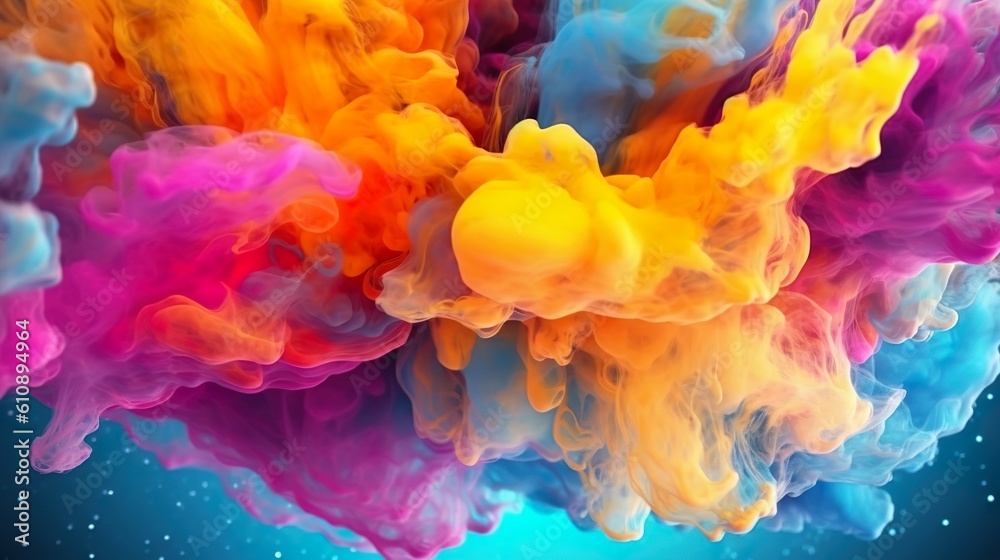 Abstract background with bright colourful dynamic explosion of liquid painting ink waves underwater. Watercolor or gouache artistic wallpaper. Horizontal illustration for banner design. Generative AI.