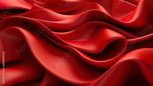 Abstract background with red silk fabric flowing, swirling and curling. Luxury textile with smooth surface and shiny cloth material texture. Horizontal illustration for banner design. Generative AI.