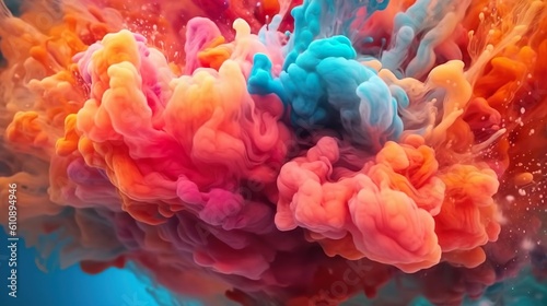 Abstract background with bright colourful liquid painting ink explosion and movement underwater. Watercolor dynamic curling effect wallpaper. Horizontal illustration for banner design. Generative AI.