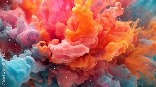 Abstract background with colourful pigments of liquid painting ink swirling with particles in water. Watercolor moving closeup wallpaper. Horizontal illustration for banner design. Generative AI.