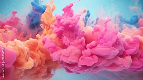 Abstract background with liquid painting ink waves in pink, orange and blue color in water. Watercolor cloud flow artistic modern wallpaper. Horizontal illustration for banner design. Generative AI.