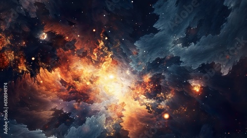 Abstract background with dramatic dark clouds with glowing energy swirling and stars in cosmos. Space with celestial bodies modern wallpaper. Horizontal illustration for banner design. Generative AI.