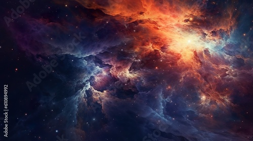 Abstract background with dramatic dark cosmos with red glowing in clouds and shining stars. Fantasy space and astronomy modern wallpaper. Horizontal illustration for banner design. Generative AI.