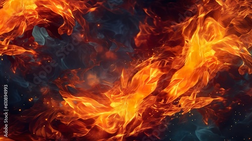 Abstract background with hot fire moving with flames particles and sparks in close up view. Bright glowing blazing shapes modern wallpaper. Horizontal illustration for banner design. Generative AI.