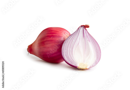 Fresh red onion bulb with half isolated on white background with clipping path. and shadow in png file format