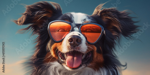 Coastal Comedy: Smiling Papillon Dog Shows Off Funny Expression in Sunglasses. Generative AI. © Bartek
