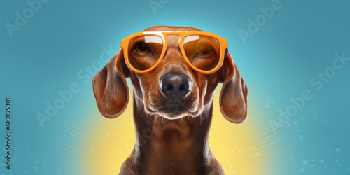 cute smiling Dachshund Dog in sunglasses with funny expression on its face on yellow and blue background. Generative AI