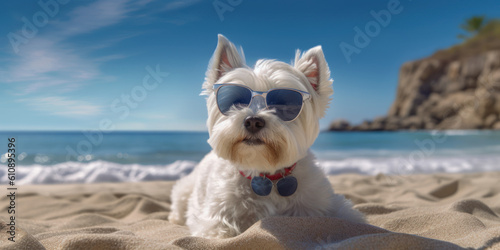 Summer Vibes: Cool West Highland White Terrier Dog with a Cute Expression and Stylish Shades. Generative AI. © Bartek