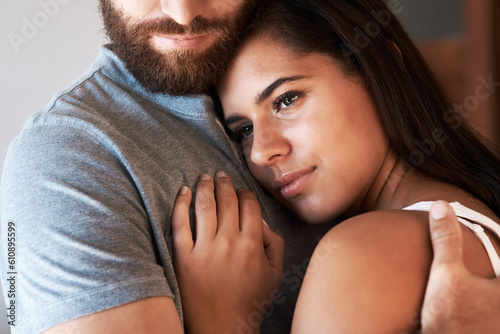 Love, woman face and relax couple hug for relationship security, empathy and safety support care in home apartment. Intimacy, marriage bond and romantic man, wife or people hugging with affection